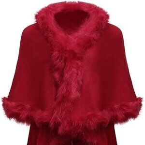 Women's Fine Knit Open Front Faux Fur Trim Layers Poncho Cape Cardigan